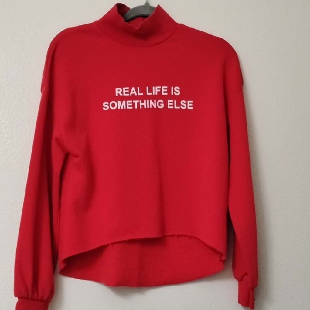Zara Red Mock Neck Sweatshirt with White Slogan